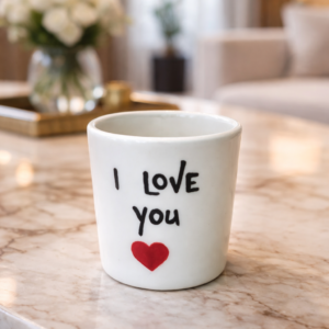 Bijela šalica okrugla s tekstom